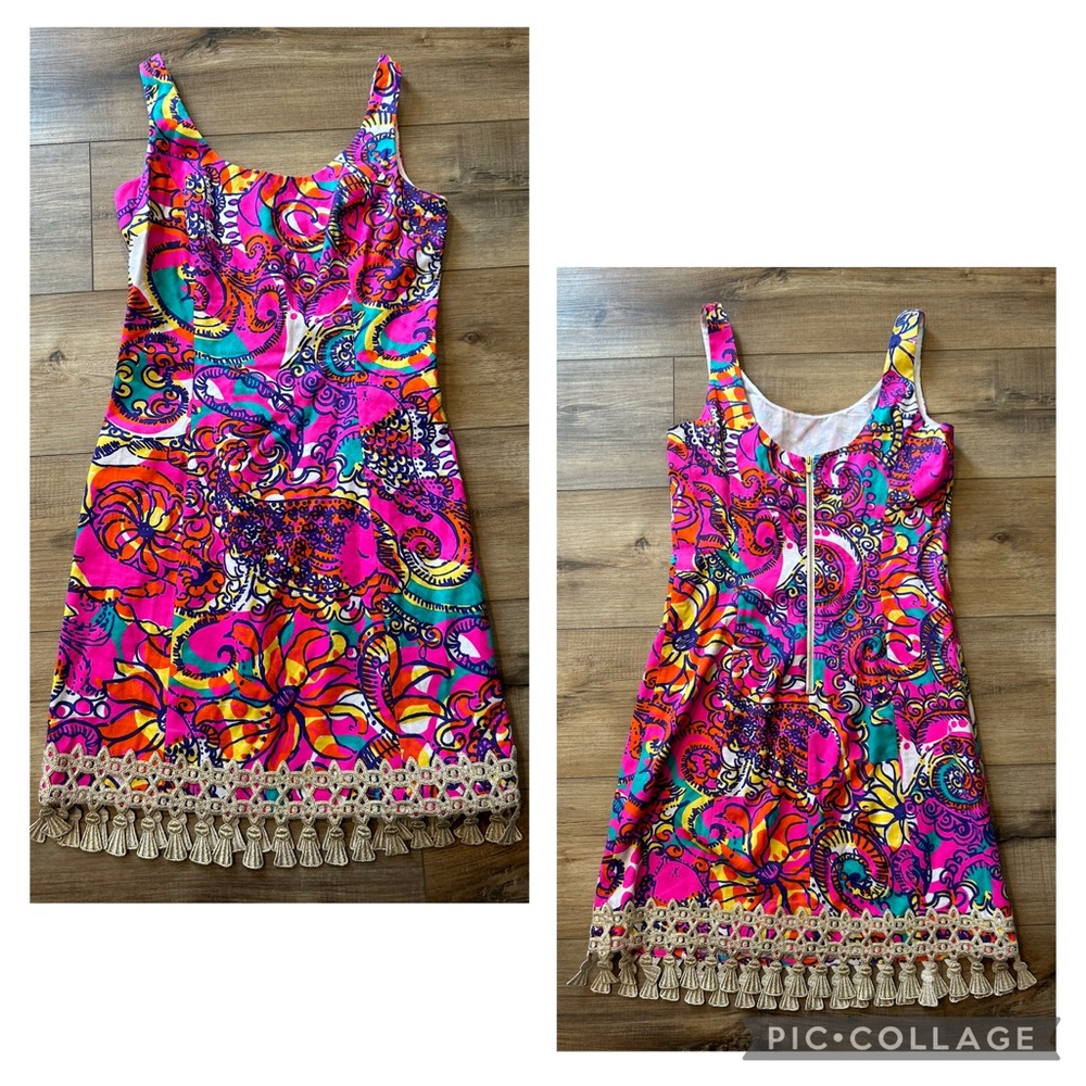 Lilly Pulitzer Eaton Psychadelic Colorful Print Shift Dress Metallic Fringe 0